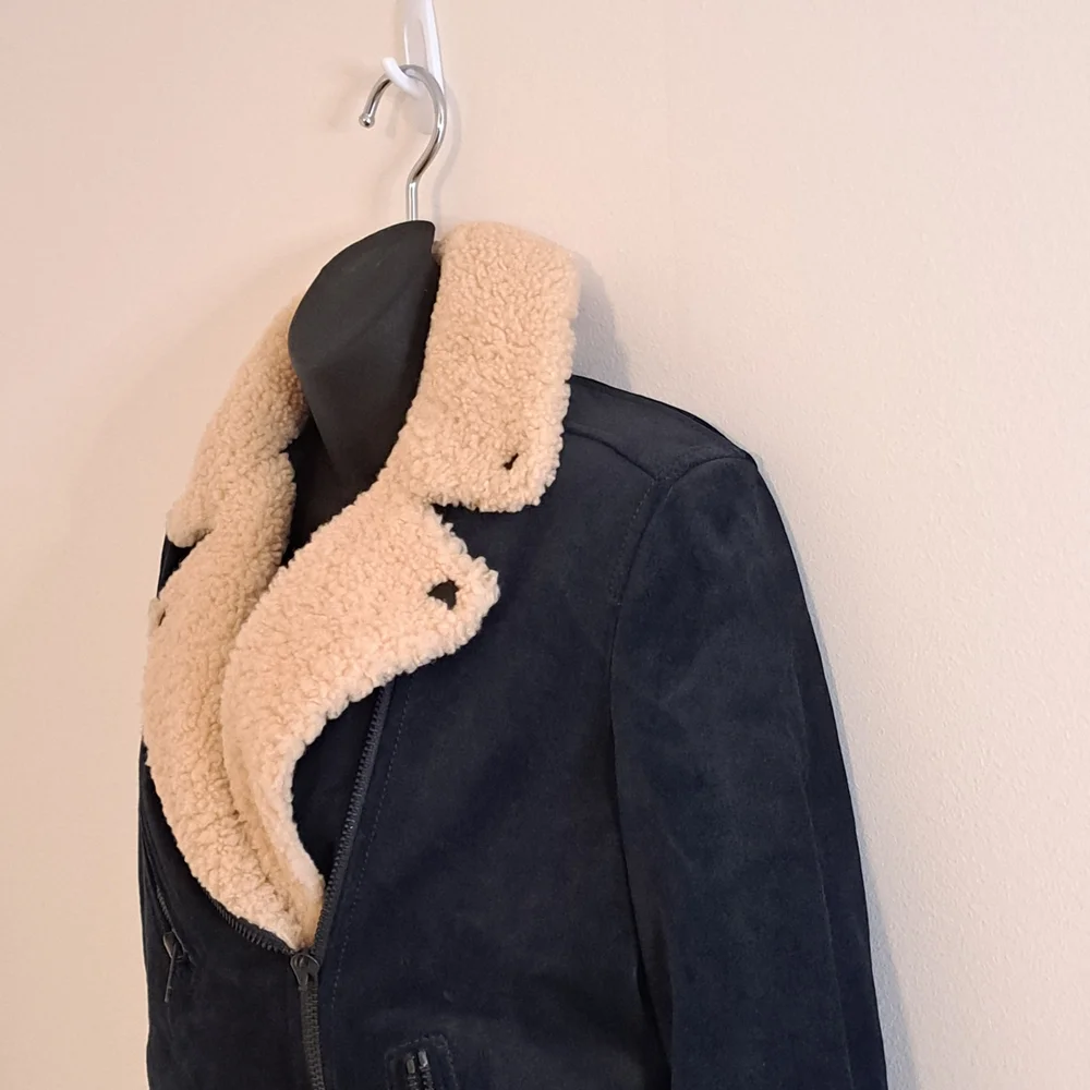 Coach Blue Suede Motorcyle Jacket with Cream Shearling  Collar Misses Size MED